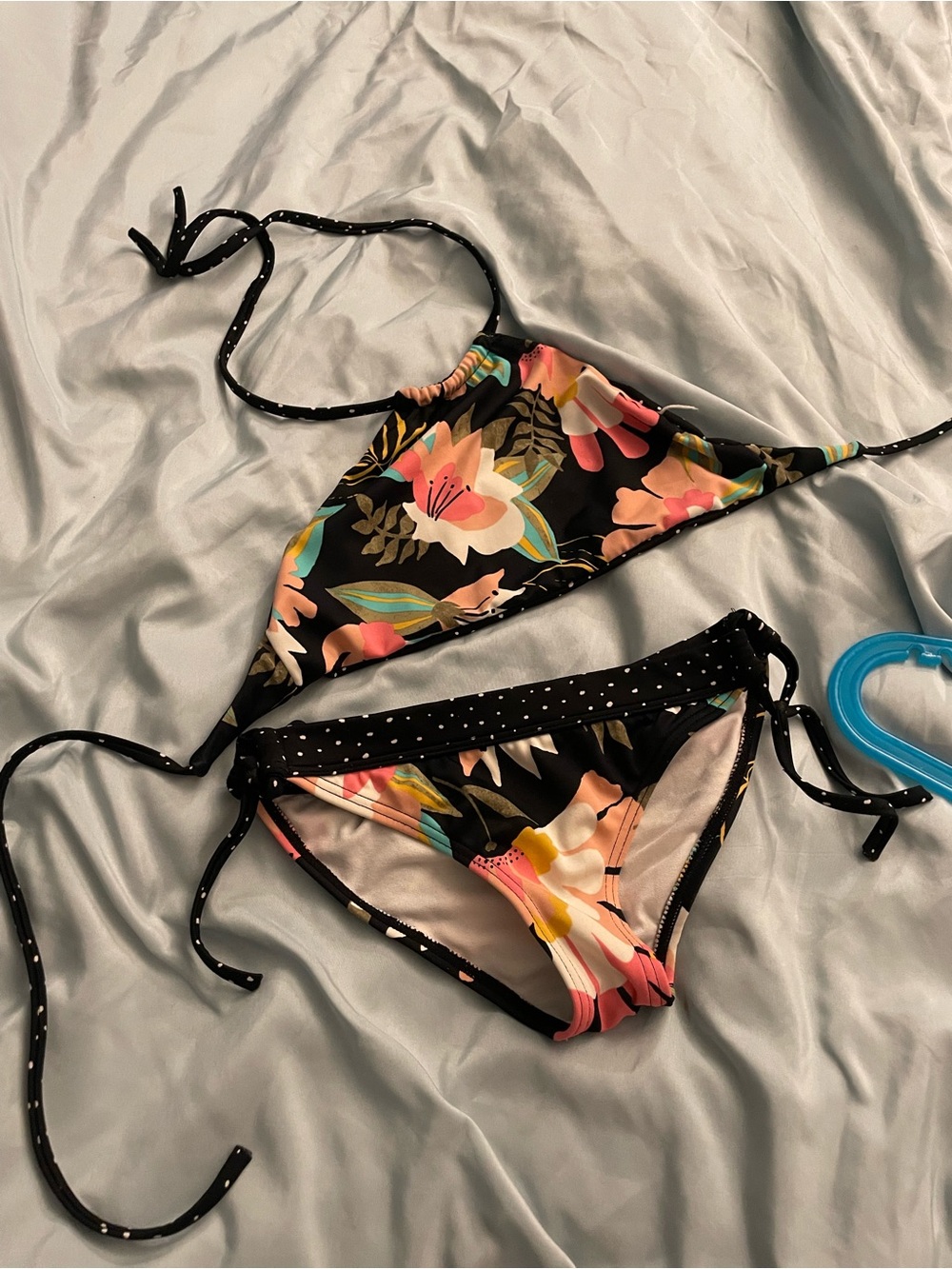 Floral Tie-Side Bikini Set - Black with Pink & Peach Flowers